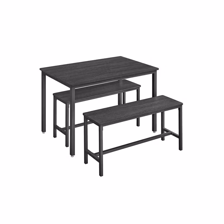 Set di Tavolo da Pranzo e Panche, Nero Cenere + Nero Inchiostro