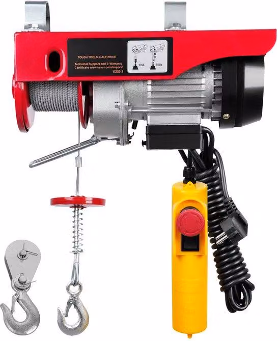 Tirante elettrico con capacità di 2640 libbre (1200 kg) - Doppio cavo - Molle in acciaio - Motore con cuscinetti a sfera - 1600W - Montaggio a parete - Portata di 40 piedi (circa 12 metri) - Sistema di frenatura magnetica - Freno di emergenza - Telecomand