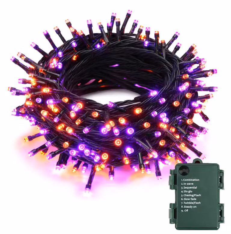 Catena luminosa da 10 metri, con 100 LED, arancione/viola, alimentata a batteria, 8 modalità
