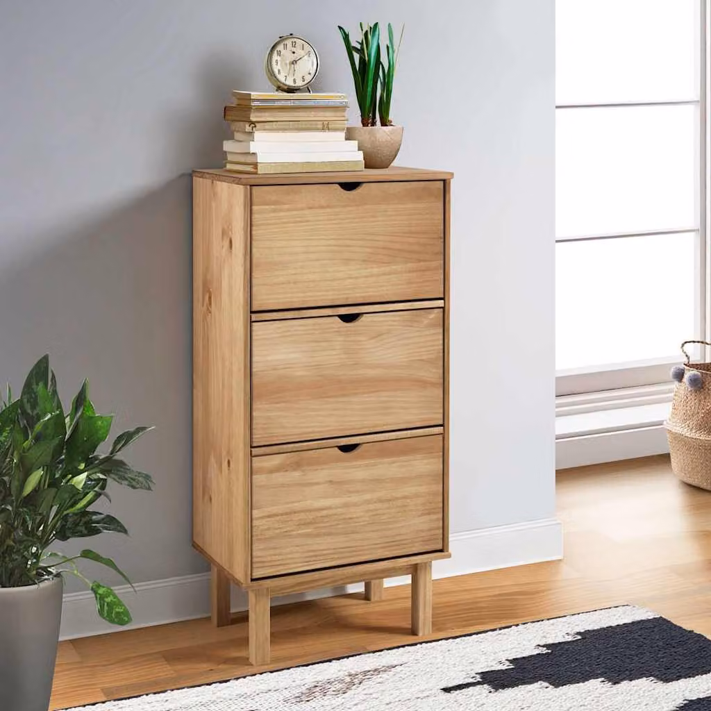 Scarpiera vidaXL OTTA in legno massello di pino marrone con ante a ribalta e cassetti, L 120 x P 35 x H 55 cm