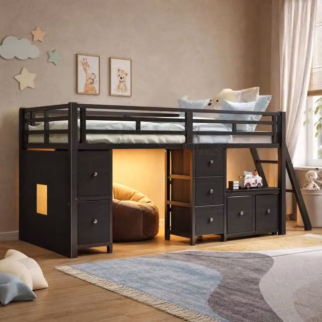 Letto a soppalco basso ULEVR 90x200 cm con 7 cassetti in tessuto, LED a 7 colori e area gioco, nero