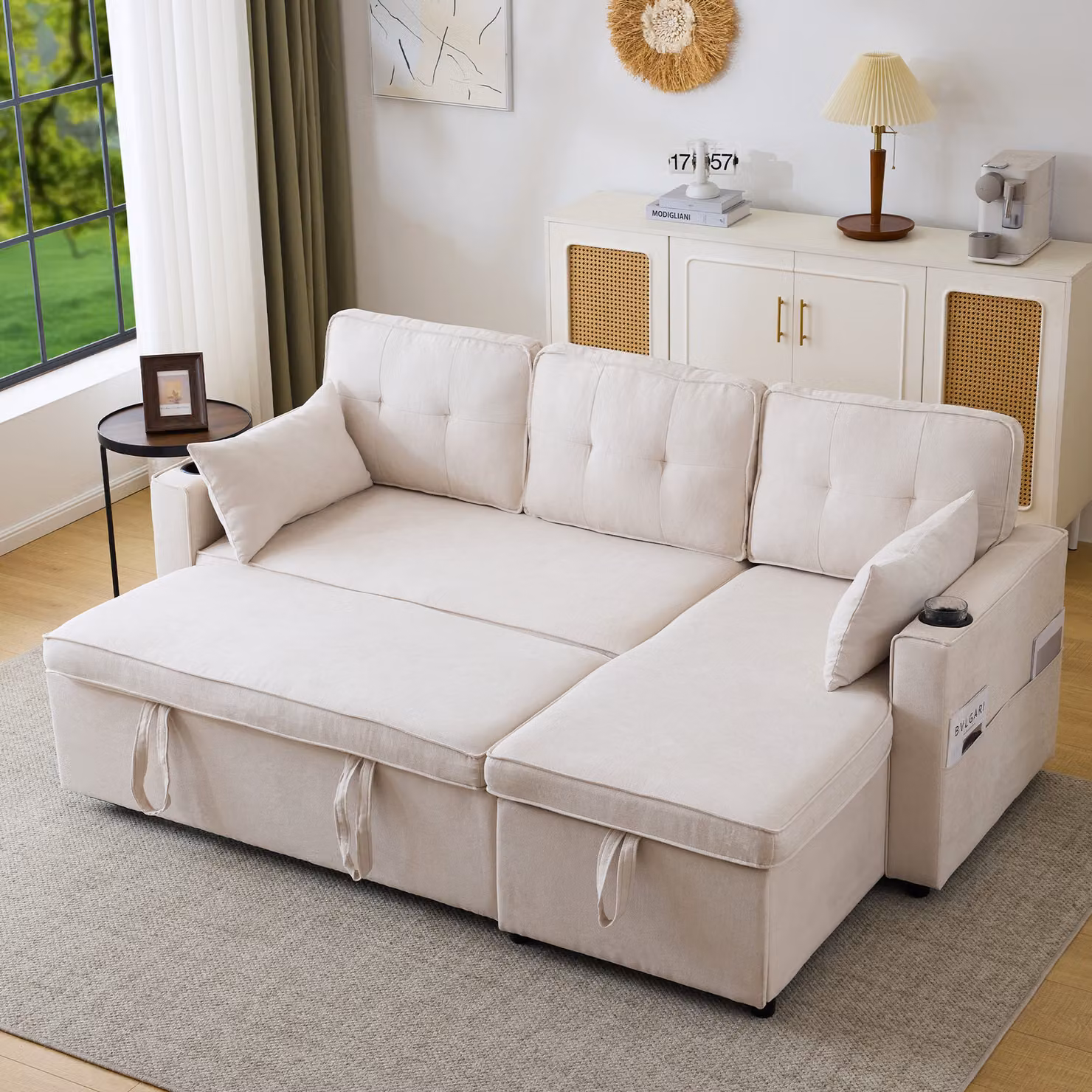 okwish Divano letto con funzione letto, divano a L in metallo con portabevande, mobili imbottiti, poltrona lounge con vano portaoggetti, reversibile a destra e a sinistra, beige