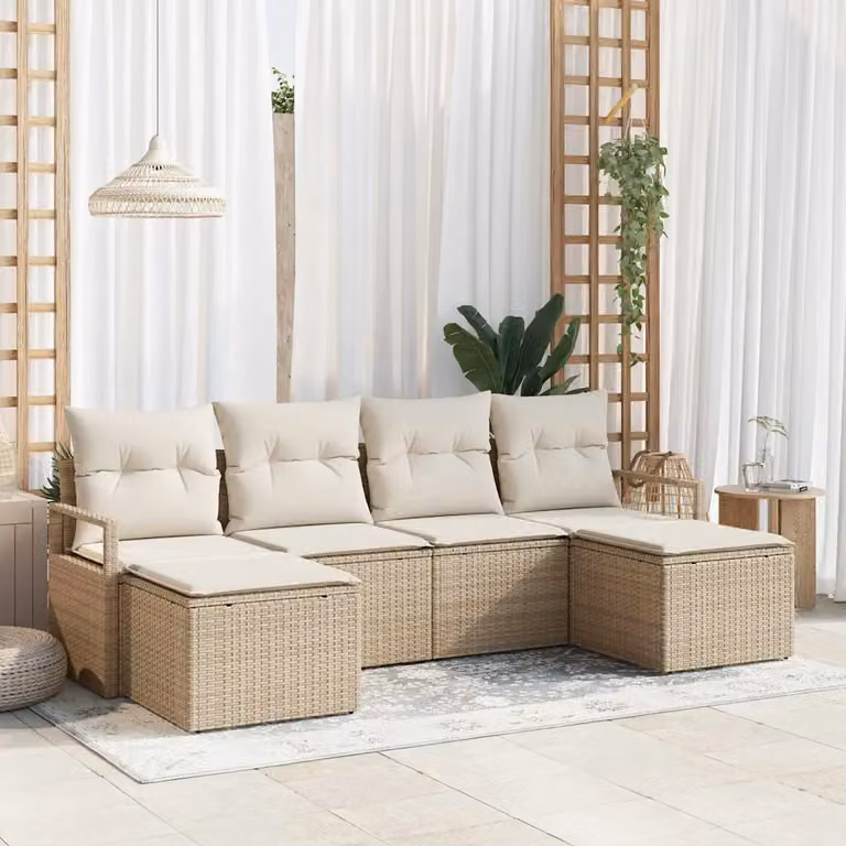 Set di divani da giardino vidaXL in polyrattan beige con cuscini e pouf, composizione a L per esterno