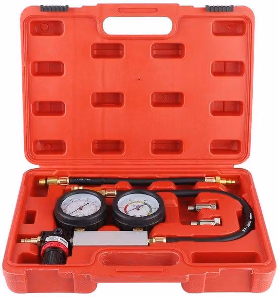 Tester di compressione con doppio manometro 0-7 bar/0-100 psi - Tester di tenuta del cilindro - Kit per il monitoraggio delle perdite - Adatto per motori a benzina - con rivestimento protettivo in gomma