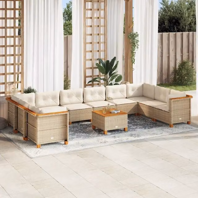 Set di Divani da Giardino a Forma di U vidaXL in Polyrattan con Cuscini Beige e Tavolino da Esterno