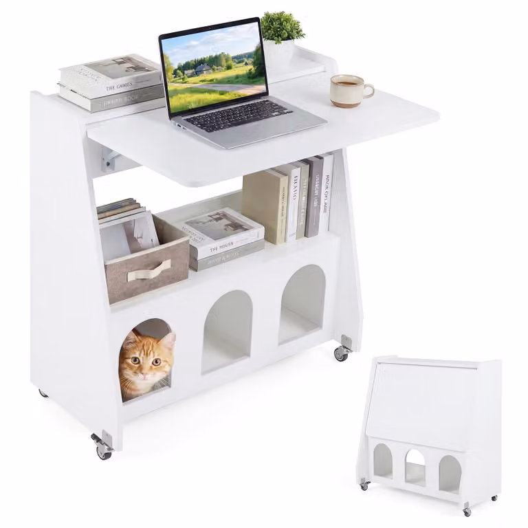 Scrivania per computer Costway moderna con ruote e cuccetta per gatti in legno, salvaspazio bianco