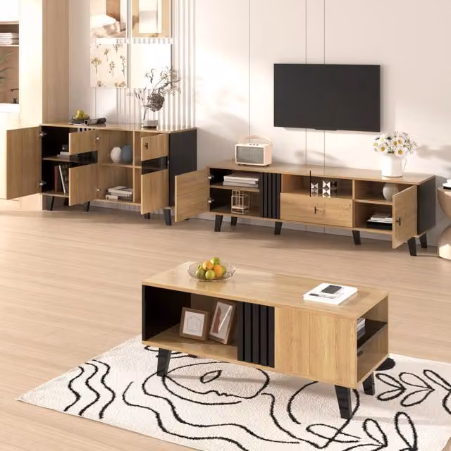 Set mobili soggiorno 3 pezzi in legno e nero，con mobile tv 170 cm e credenza in vetro