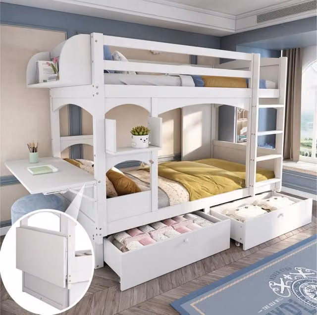 Letto a castello 90x200 cm bianco in legno con scrivania pieghevole, senza materasso