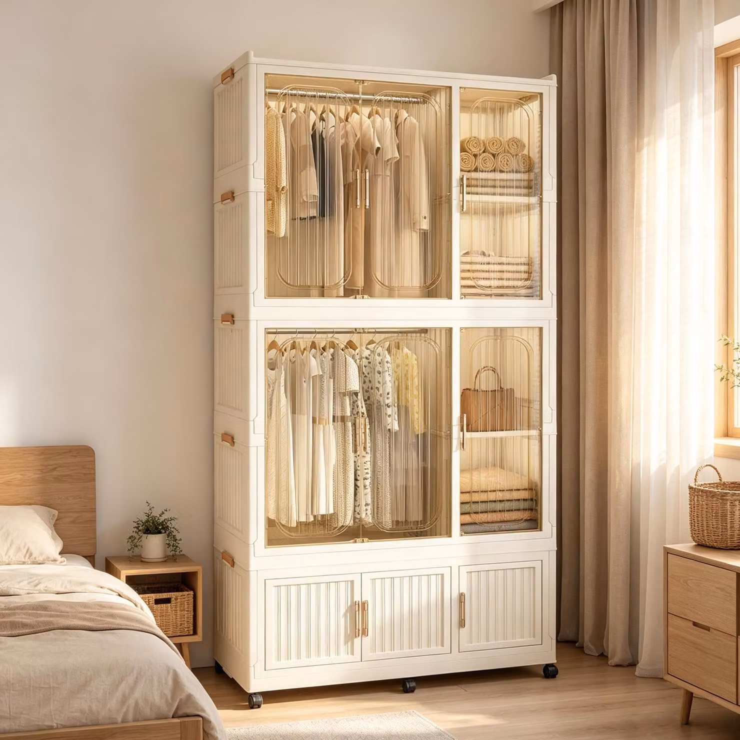 Armadio in plastica STILVORA con 9 ante magnetiche, armadio modulare con 2 aste appendiabiti, armadio pieghevole con 6 ruote bloccabili e 6 grucce