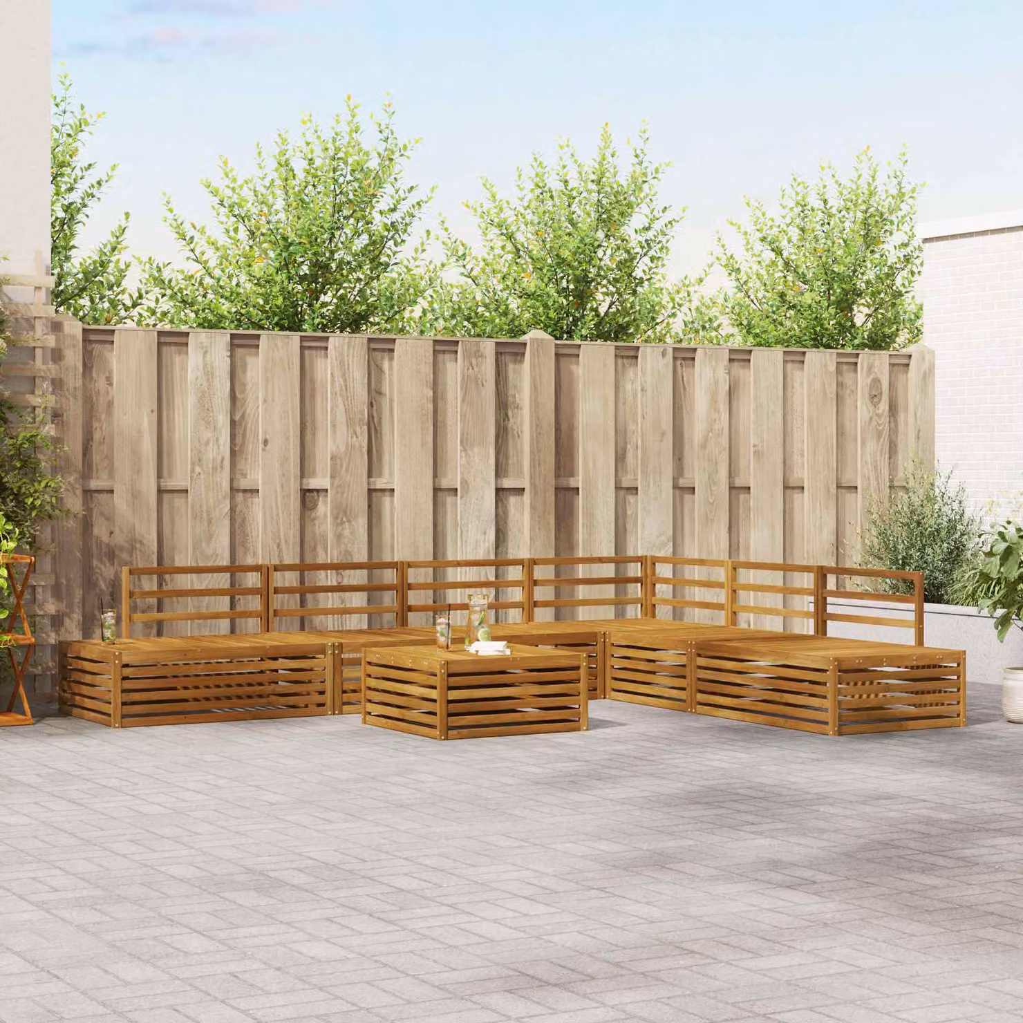 Set di 8 divani da esterno vidaXL in legno di acacia massello marrone con cuscini e tavolino da caffè a forma di L per giardino e terrazza
