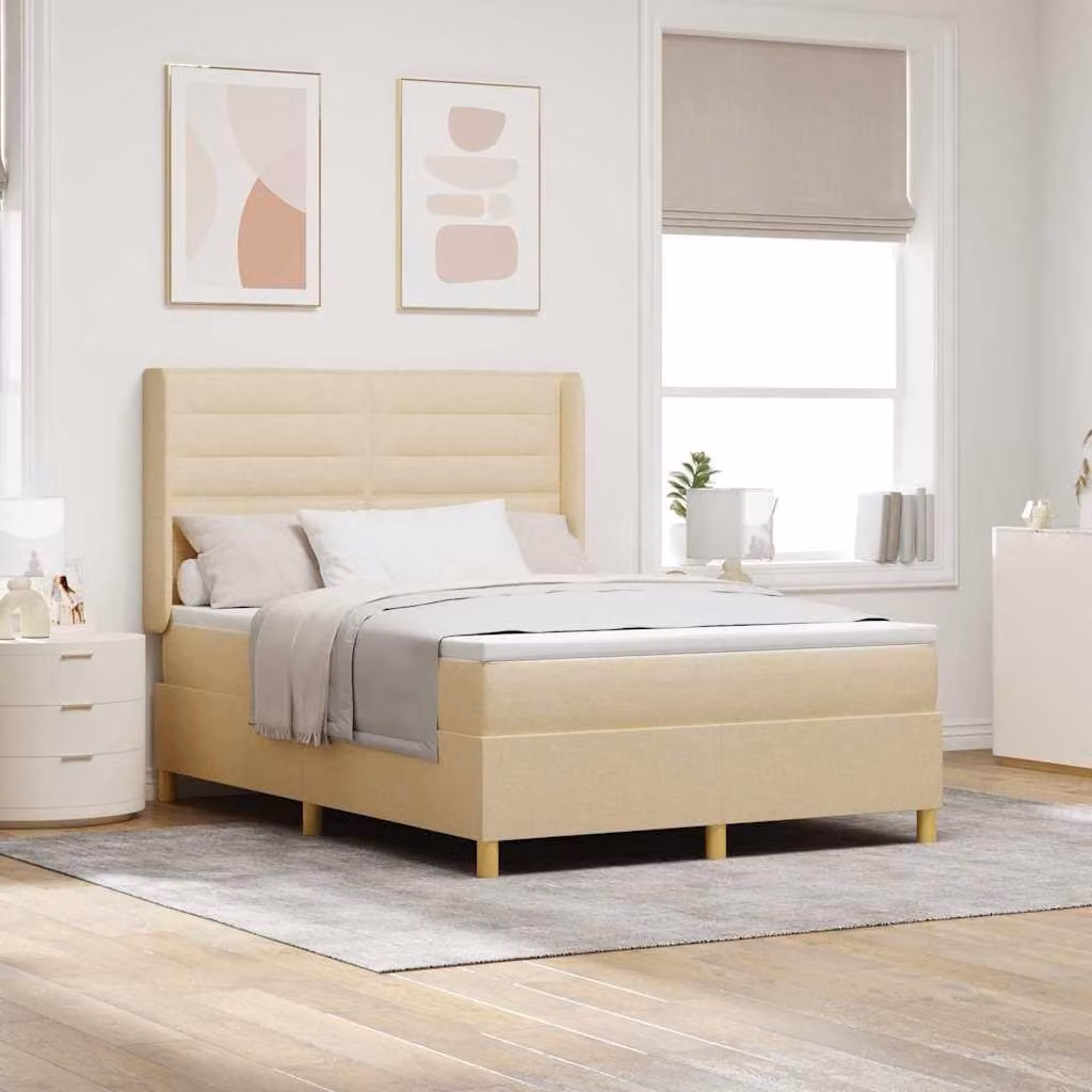 Maison Exclusive - Letto boxspring con strisce luminose a LED, color crema, 140 x 190 cm, rivestimento in tessuto