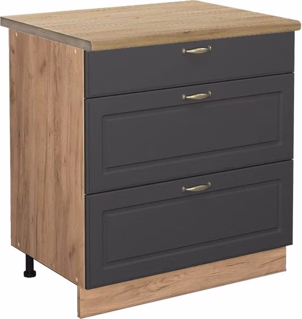Mobiletto base per cucina Fame-Line Antracite-oro/Rovere dorato 80 cm con 3 cassetti, PL Rovere Vicco
