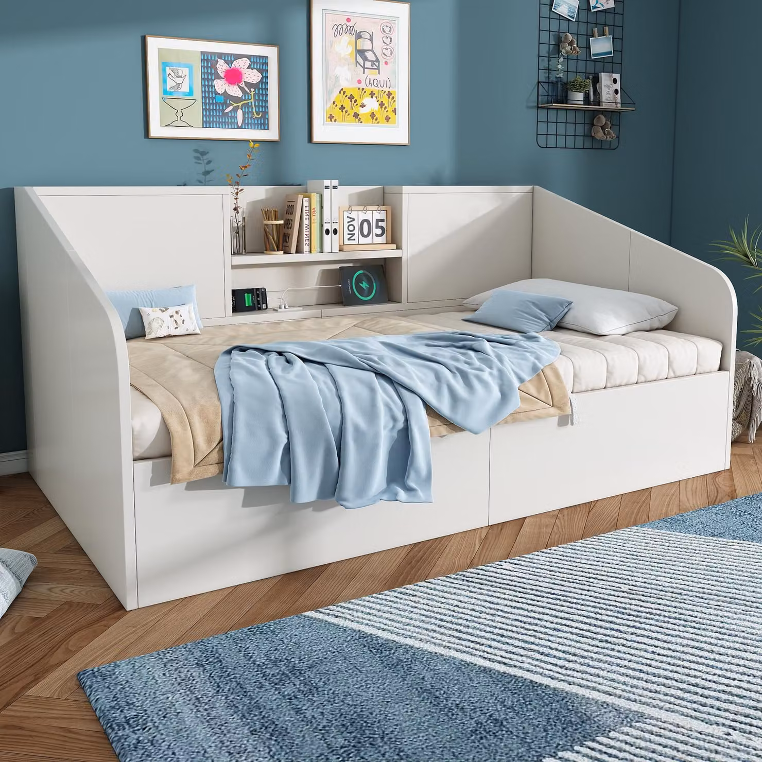 okwish divano letto 90x200 con angoli arrotondati e tre porte USB, letto per ragazzi con 2 ripiani e rete, bianco (senza materasso)