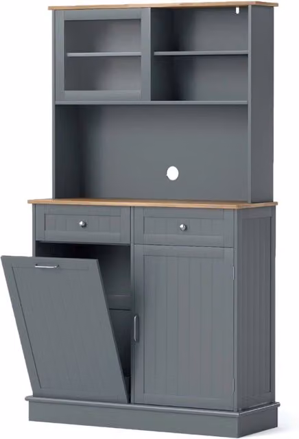 Armadio per rifiuti inclinato alto da cucina con pattumiera, Armadio per rifiuti doppio inclinazione piano gomma Grigio-Organizzazione della cucina