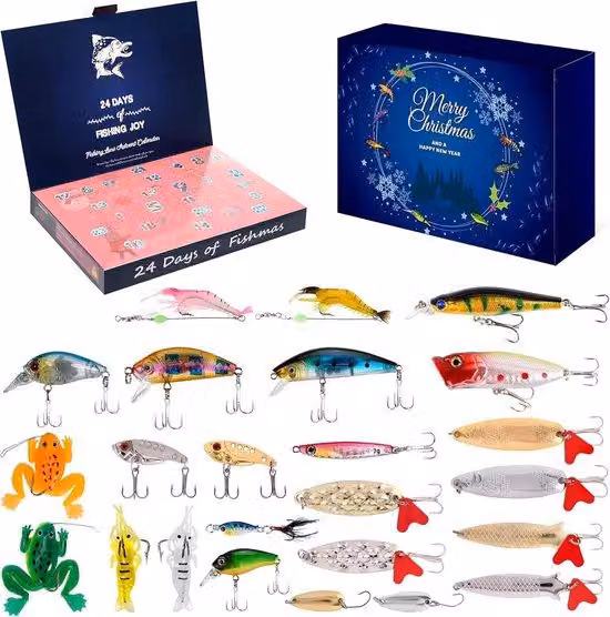 Calendario dell'Avvento della pesca 2025, con 24 elementi, un calendario da tavolo natalizio per gli amanti del pesce.