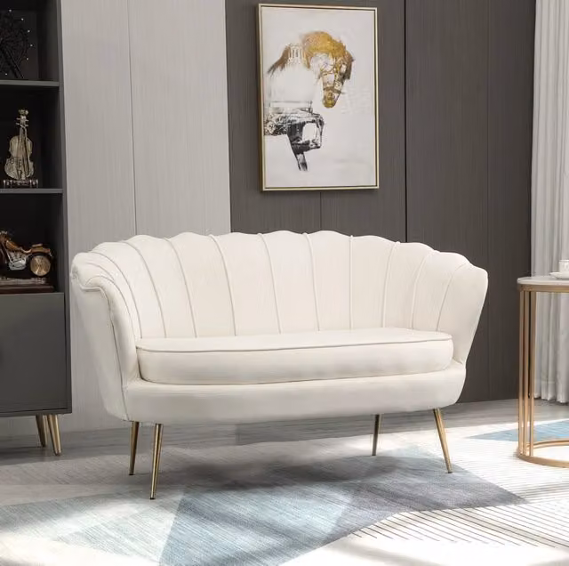 Divano a 2 posti in velluto crema con struttura in acciaio zincato, 130x77x77 cm