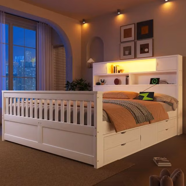 Letto a piattaforma con ripiani e cassetti - Zephmum- 160x200 cm, LED, USB, bianco