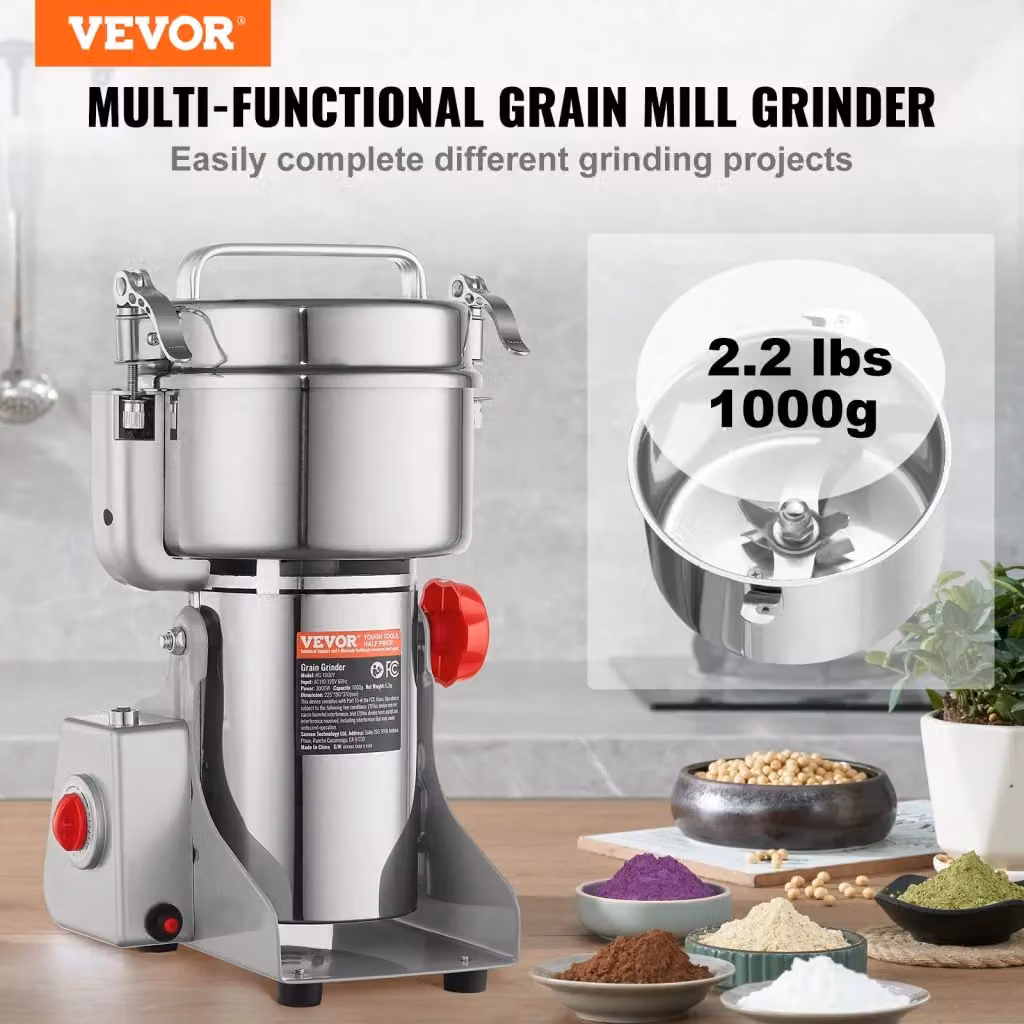 Mulino Elettrico per Cereali e Spezie Vevor HC-1000Y in Acciaio Inox Color Argento, Macinatore Oscillante da 2500W per Uso Domestico – 2