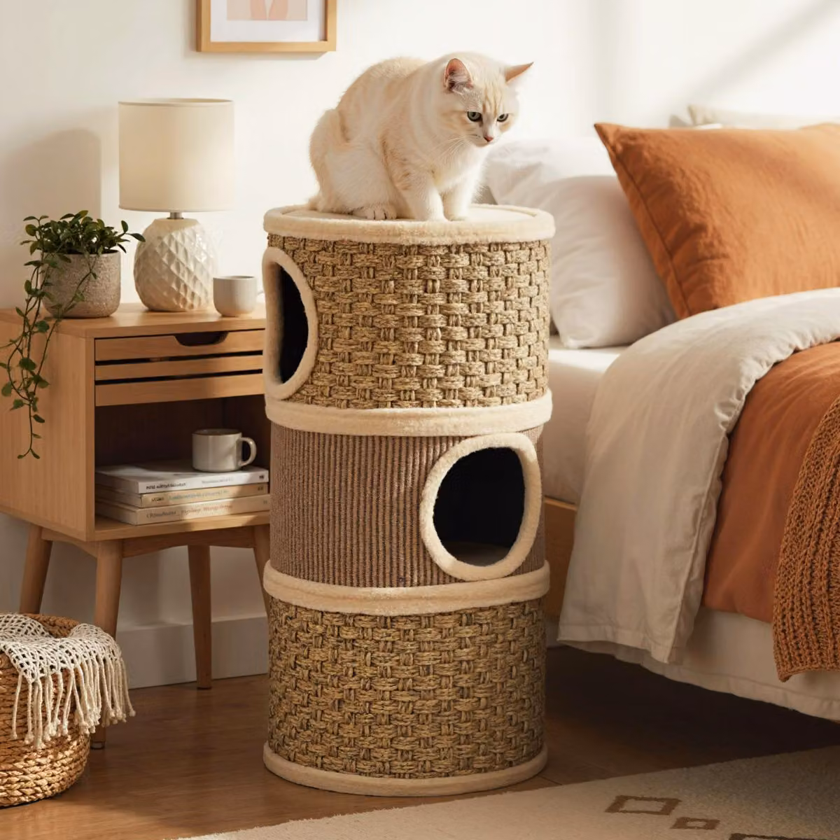 Costway Condominio per gatti a 3 piani con tiragraffi in sisal sostituibile, Casa da gioco moderna per gatti beige