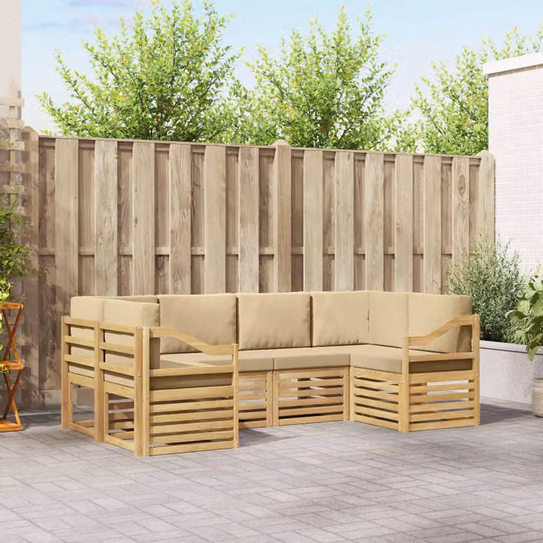 Set di divani da esterno vidaXL a forma di L composto da 6 pezzi in legno di acacia con cuscini in poliestere bianco e beige