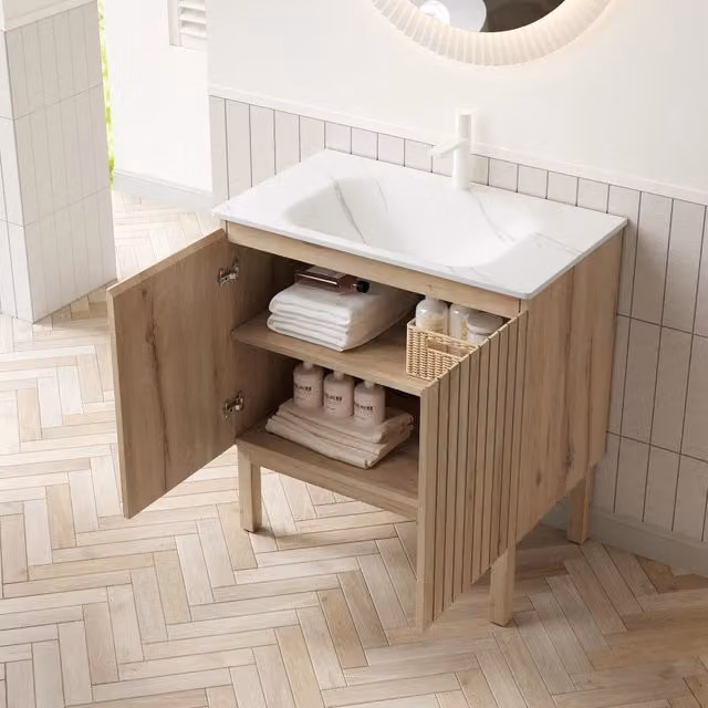 Mobile sottolavabo con lavabo integrato 2 ante e ripiano regolabile in pietra sinterizzata bianco rovere bianco 80 cm