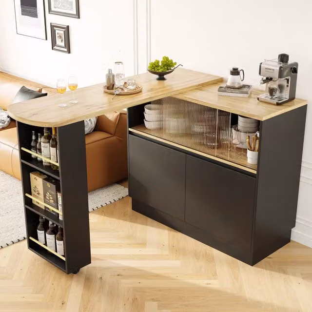 Credenza Girevole 360 REDOM in MDF Nero Opaco con Porte Scorrevoli in Vetro L: 90 cm, P: 45 cm, H: 100 cm