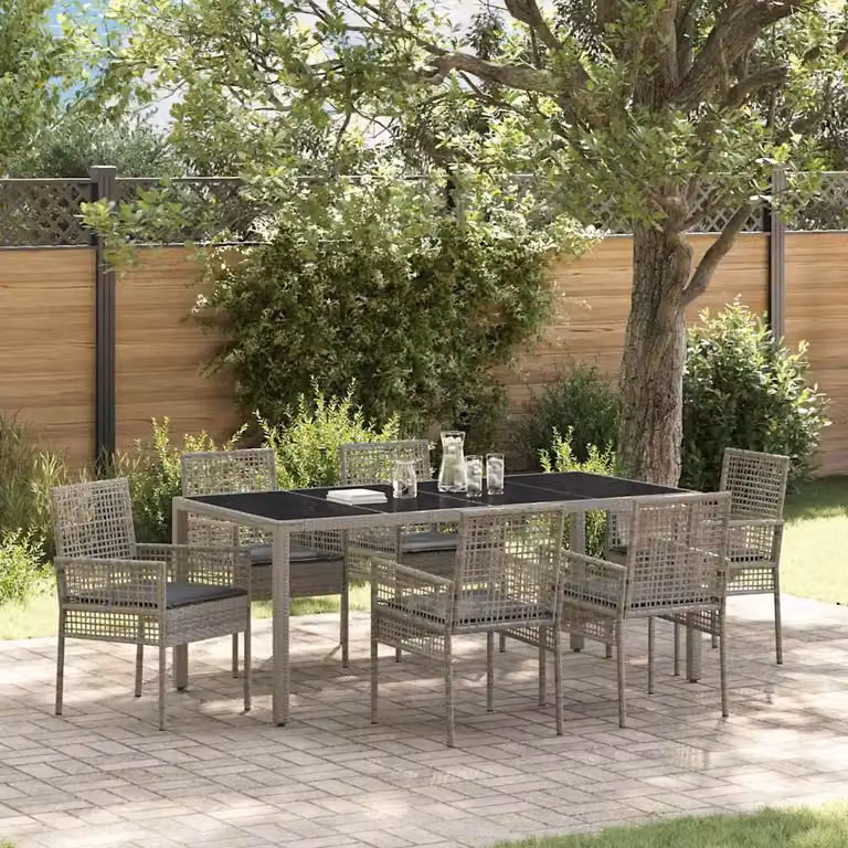 Set da pranzo per giardino e terrazzo vidaXL in polyrattan grigio con tavolo in vetro, 7 pezzi
