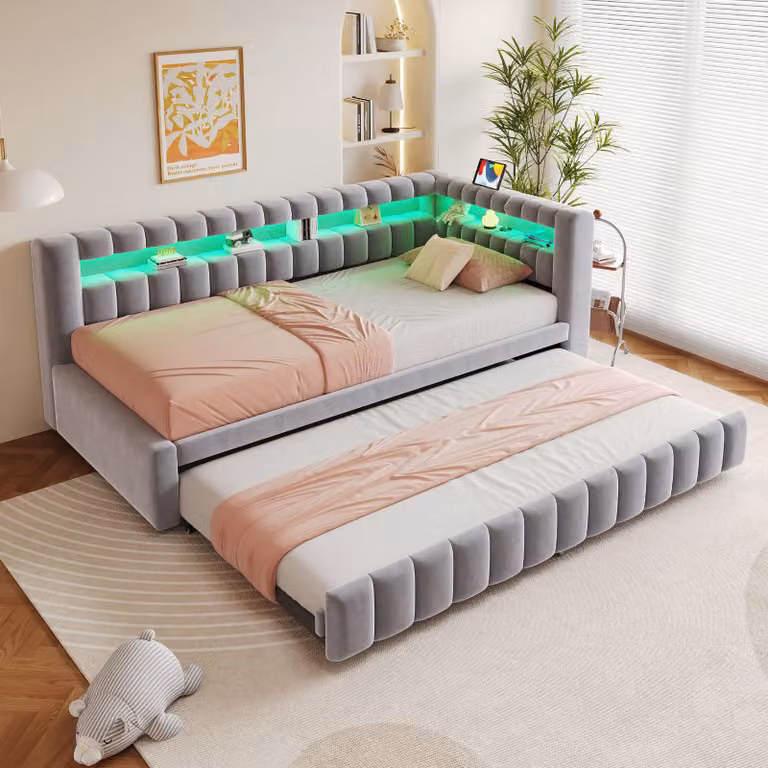 Letto imbottito MODFU, modello daybed, 90 x 200/190 cm, in velluto, divano letto con meccanismo estraibile, daybed con illuminazione LED e porta USB/Type-C, colore grigio chiaro (con due materassi)