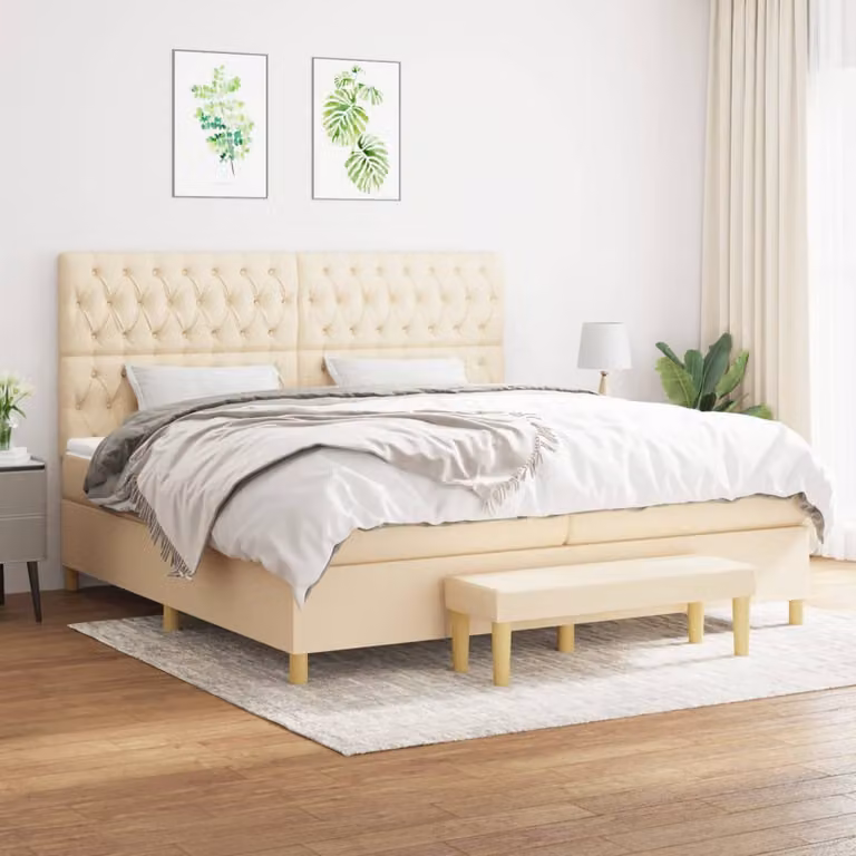 vidaXL Letto Ibrido con Giroletto a Molle e Materasso in Tessuto Beige e Bianco L/P/H: 200 x 200 x 128 cm