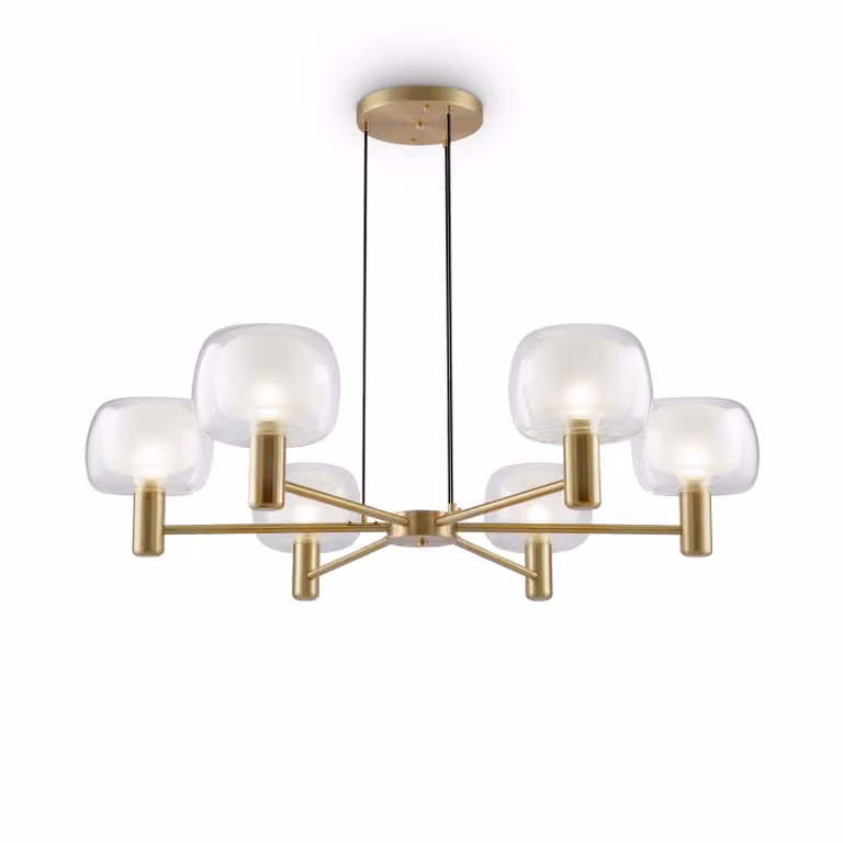 Lampadario Contemporaneo Vision Alluminio Oro 6 Luci Diffusori In Vetro Trasp