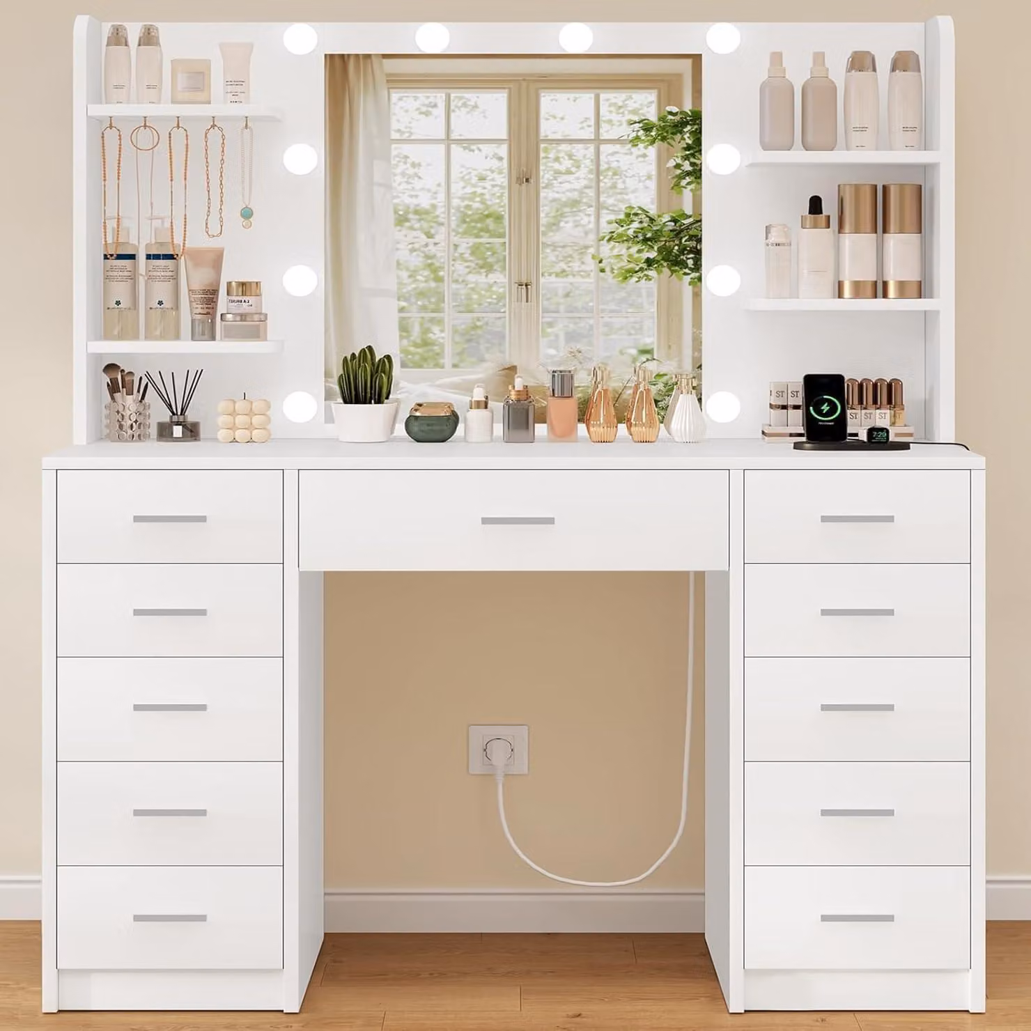 Comò da trucco con illuminazione a LED, specchio, 11 cassetti, 4 ripiani, 5 ganci per gioielli, colore bianco