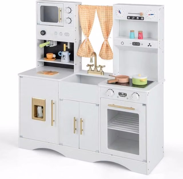 Set da cucina giocattolo in legno con microonde e macchina del caffè per piccoli chef, Bianco