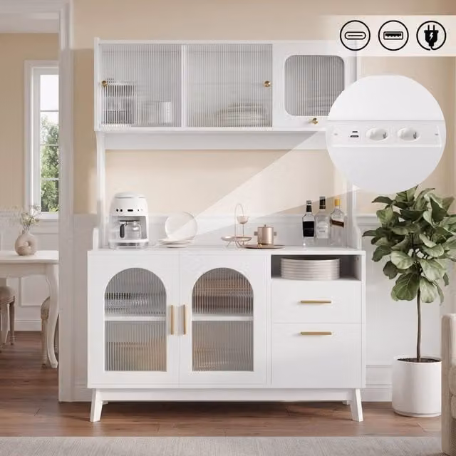 Madia moderna REDOM in legno bianco opaco con prese e USB L/P/H: 120 x 40 x 178 cm