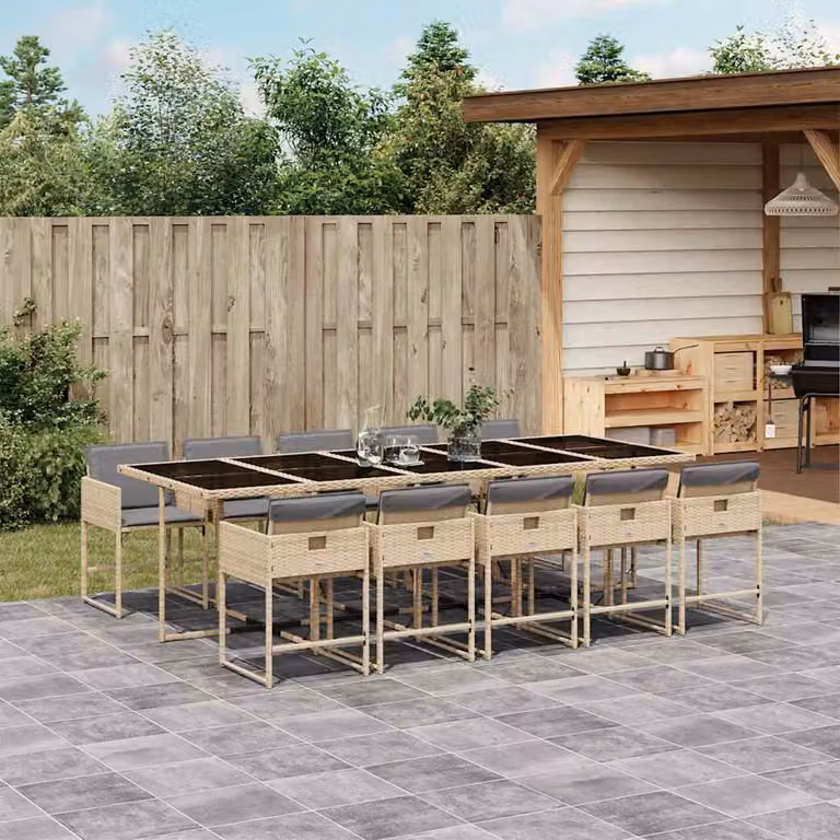 Set Pranzo da Giardino vidaXL 11 pz in Polyrattan con Cuscini Beige e Piano in Vetro
