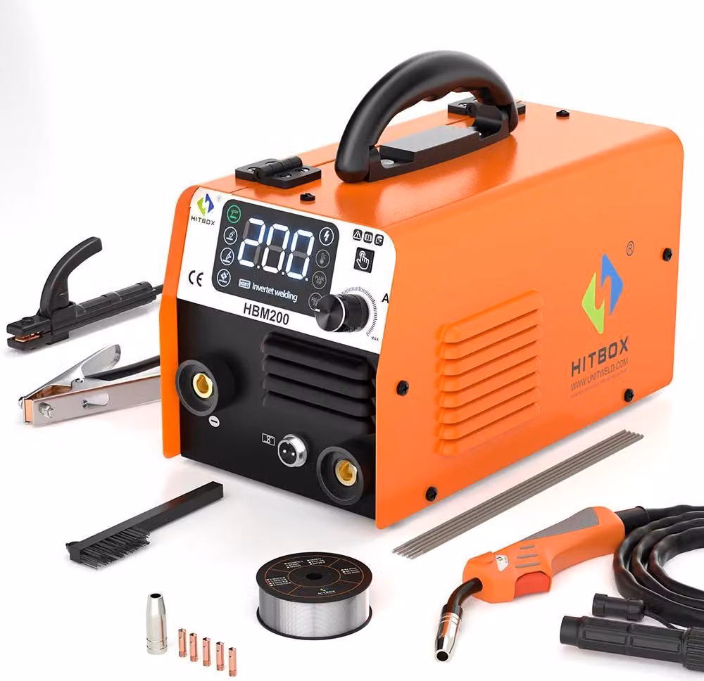 HBM200 - Inverter di saldatura 3 in 1 MIG/MAG MMA Lift TIG - MIG con/senza gas - Sinergico - Alimentatore filo automatico - Portatile - Peso 6 kg, 42×24×28 cm, CE - Rosso ruggine