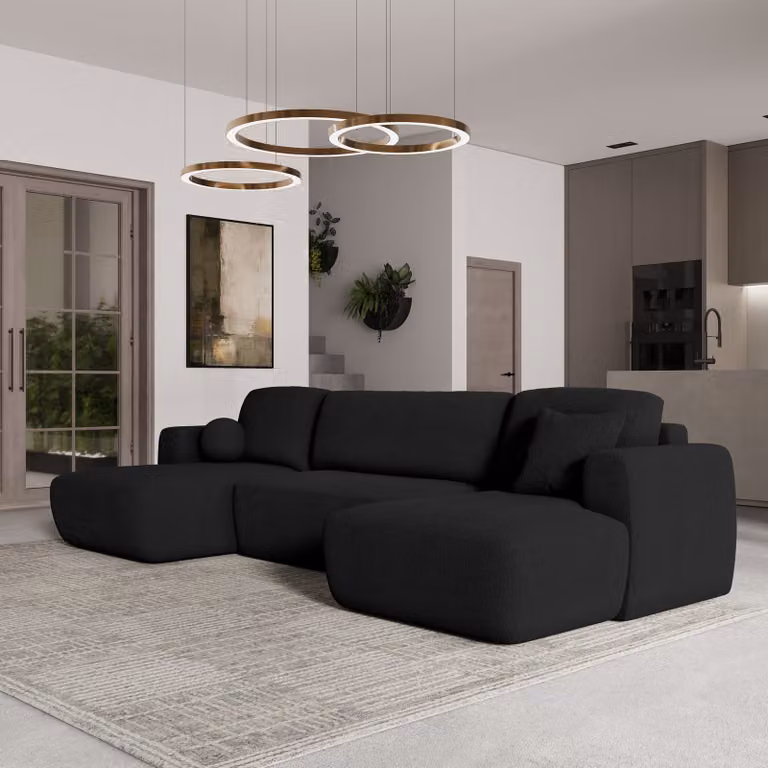 Divano angolare SENTUM N di Masseno con funzione letto a U, divano con box letto, divano da soggiorno, divano, divano letto, set di divani - nero, ORA O MAI PIÙ 100