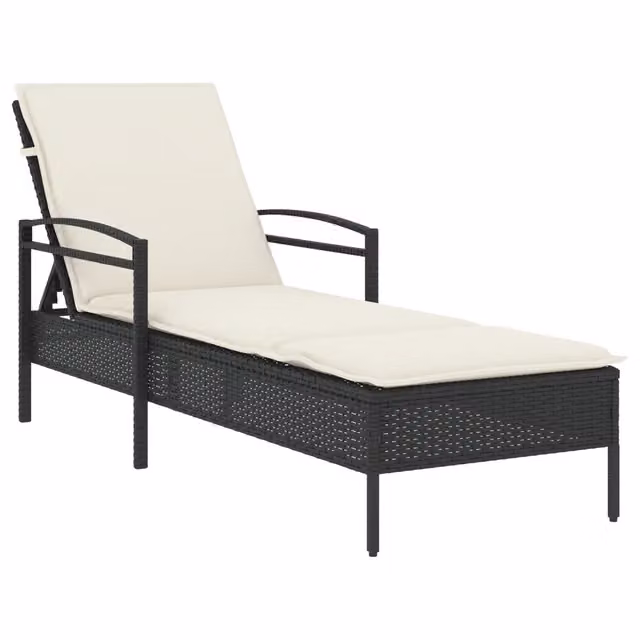 Lettino prendisole da giardino in polyrattan con cuscino nero e poggiatesta regolabile L/P/H: 200 x 63 x 81 cm – 1