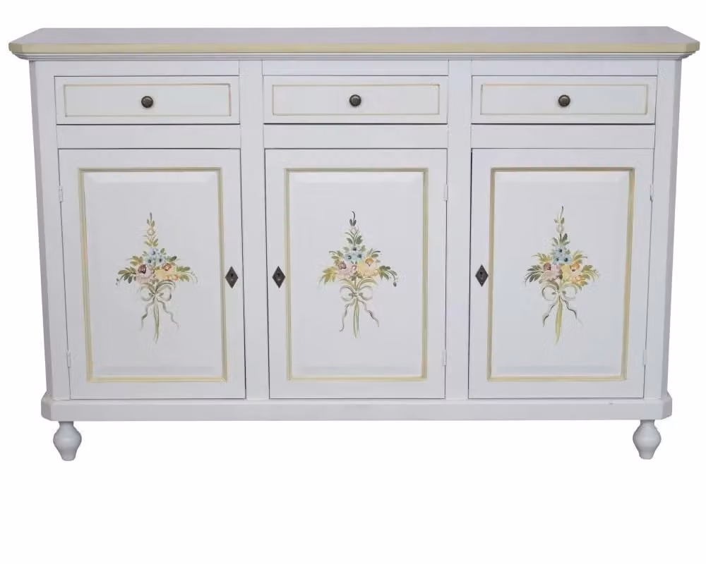 Credenza in legno 3 ante bianca con decorazioni floreali verdi stile shabby chic Mobili 2G L: 150 cm, P: 45 cm, H: 98 cm – 1
