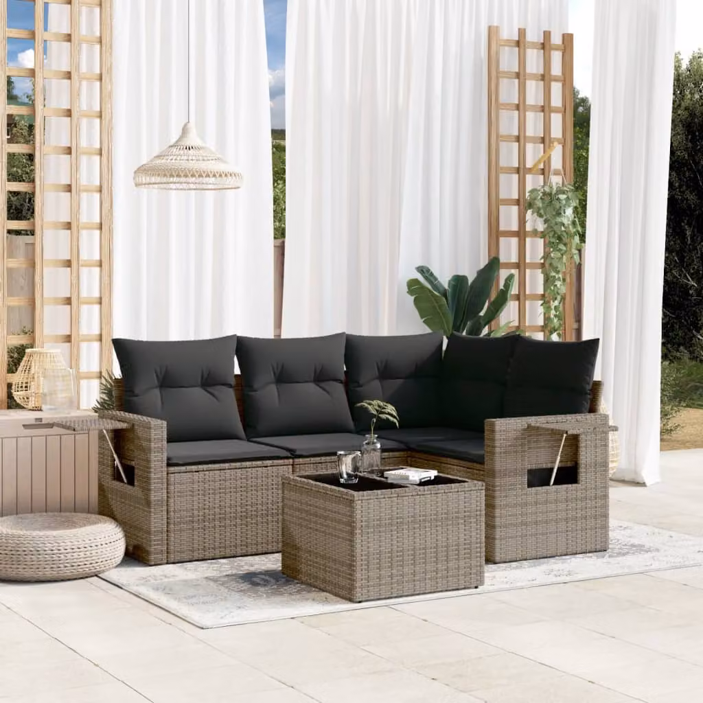 vidaXL Set Divano da Giardino 5 pz a L con Cuscini Grigio in Polyrattan e Telaio in Metallo – 1