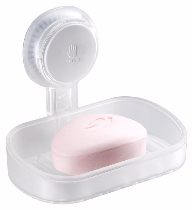 Portasapone con scarico per bagno, da montare a parete, con ventosa, capacità di carico: 5 kg, trasparente