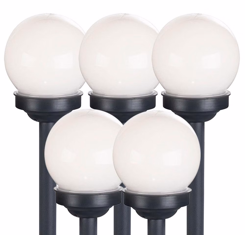 set di 5 globi solari a LED bianchi, picchetto a terra, DxH 10x38 cm