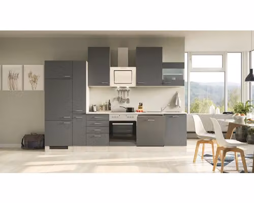 Mobile cucina con elettrodomestici Flex Well Tiago 310 cm colore frontale grigio basalto opaco colore mobile rovere san remo chiaro