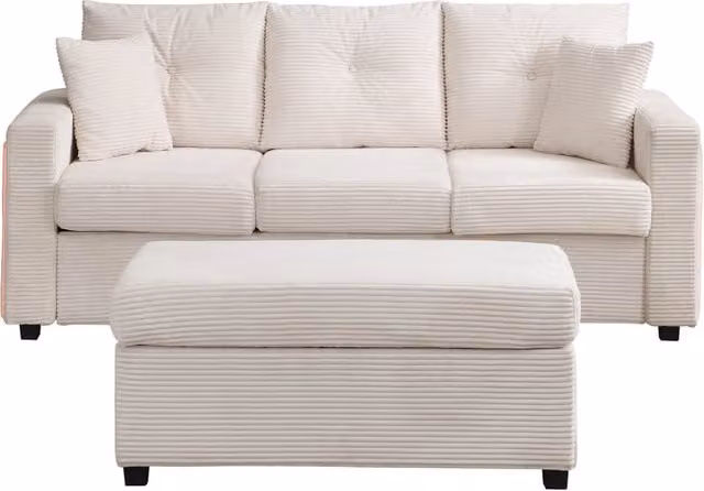 Divano modulare a L in tessuto di velluto a coste con LED, 3 posti e pouf XXL rimovibile, struttura in legno resistente