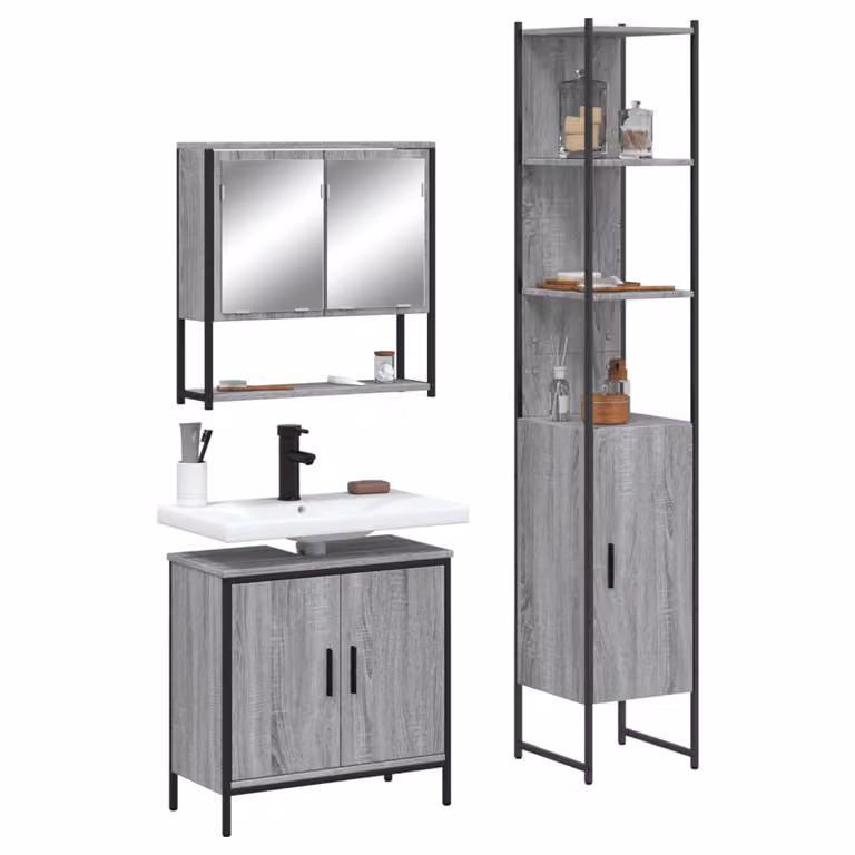 Set di mobili da bagno moderno vidaXL in 3 pezzi colore grigio con armadietto a specchio, mobile lavabo e colonna alta in legno, metallo e vetro