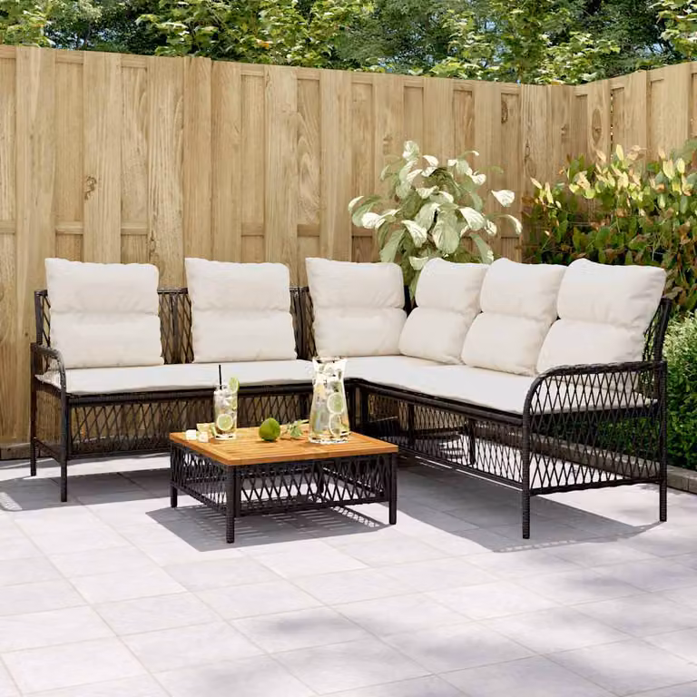 Set Divano da Giardino a L vidaXL con Tavolino e Cuscini, Struttura in Metallo e Polyrattan Nero e Bianco
