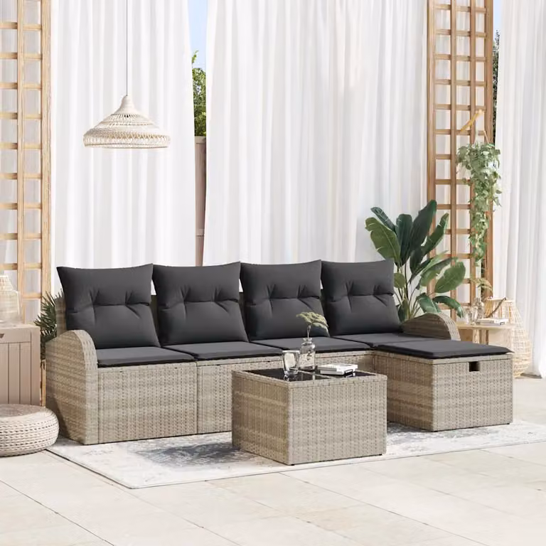 Set Divano da Giardino vidaXL 6 Pezzi a Forma di L Grigio con Cuscini e Tavolino