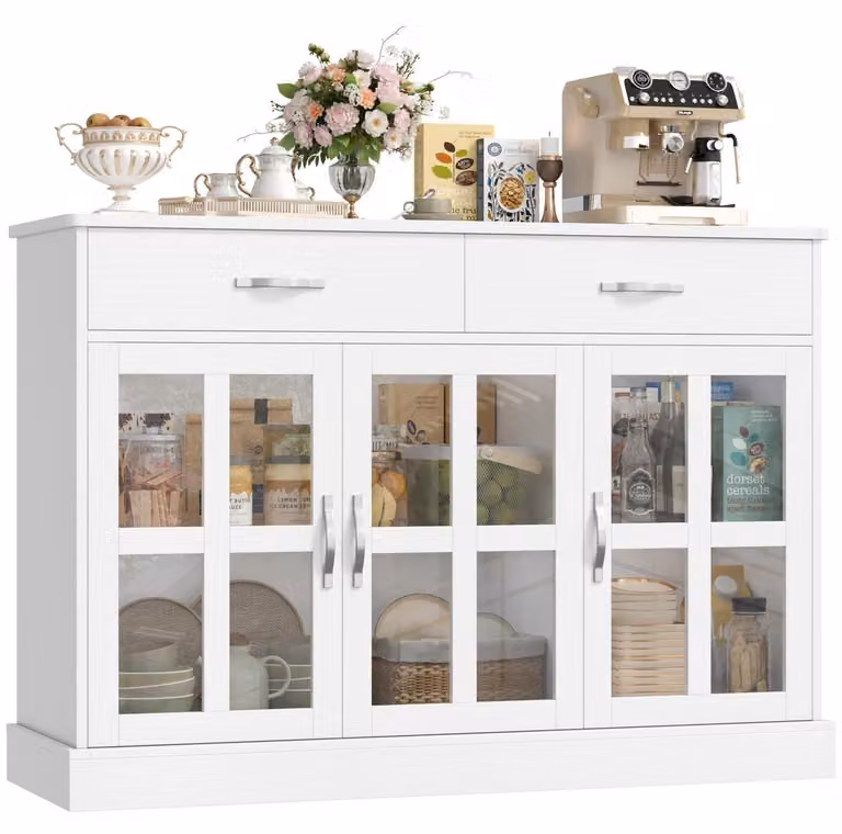 Mobiletto da cucina, credenza con 3 ante in vetro e 2 cassetti, dimensioni 120x84x40 cm, finitura bianca effetto legno