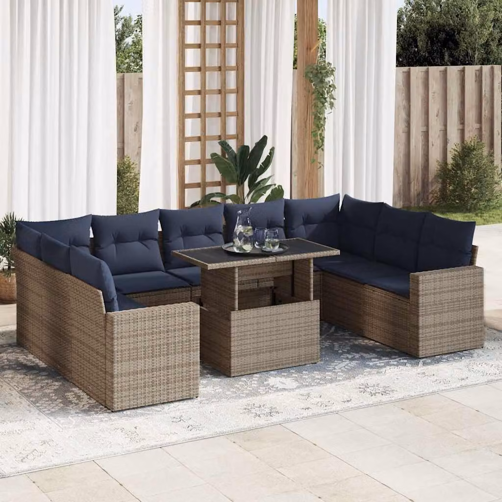 Set da giardino vidaXL composto da 10 pezzi con cuscini in polyrattan e legno di acacia, colore grigio e blu, con struttura in metallo e design moderno a forma di L