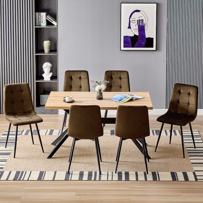 Tavolo da pranzo con 6 sedie, tavolo rettangolare in legno di 140x80 cm, 6 sedie in velluto color marrone, gambe in metallo nero
