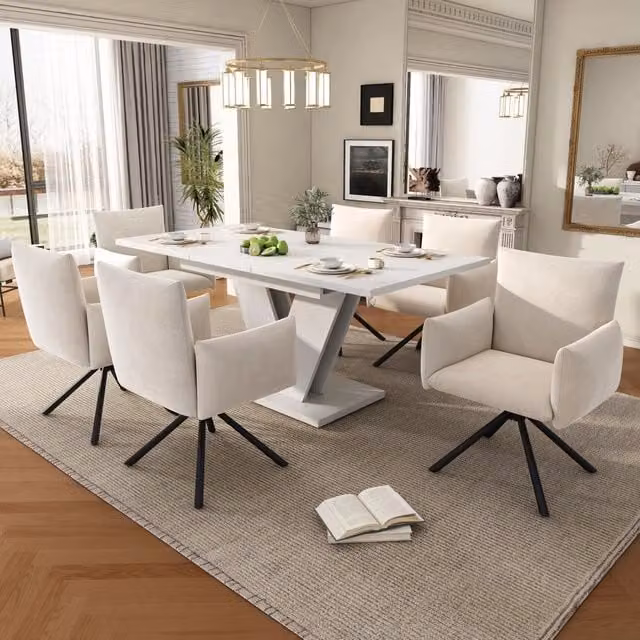 Set da pranzo moderno REDOM composto da tavolo rettangolare allungabile e 7 sedie in MDF bianco opaco